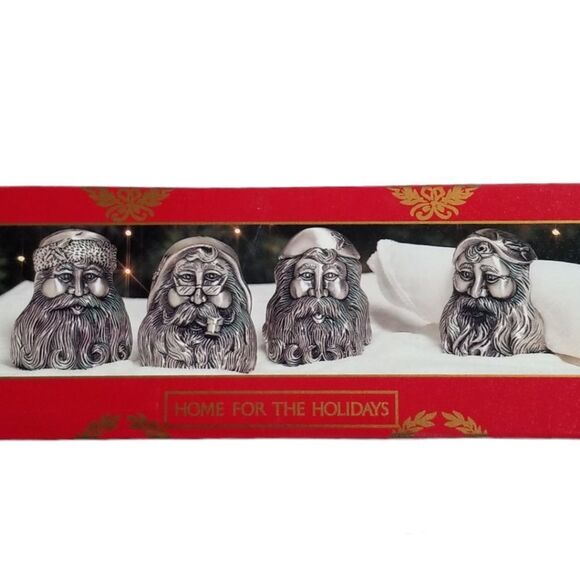 1995 Vintage Santa Pewter Napkin Ring Holder Set of 4 Home For The Holidays - Picture 8 of 11